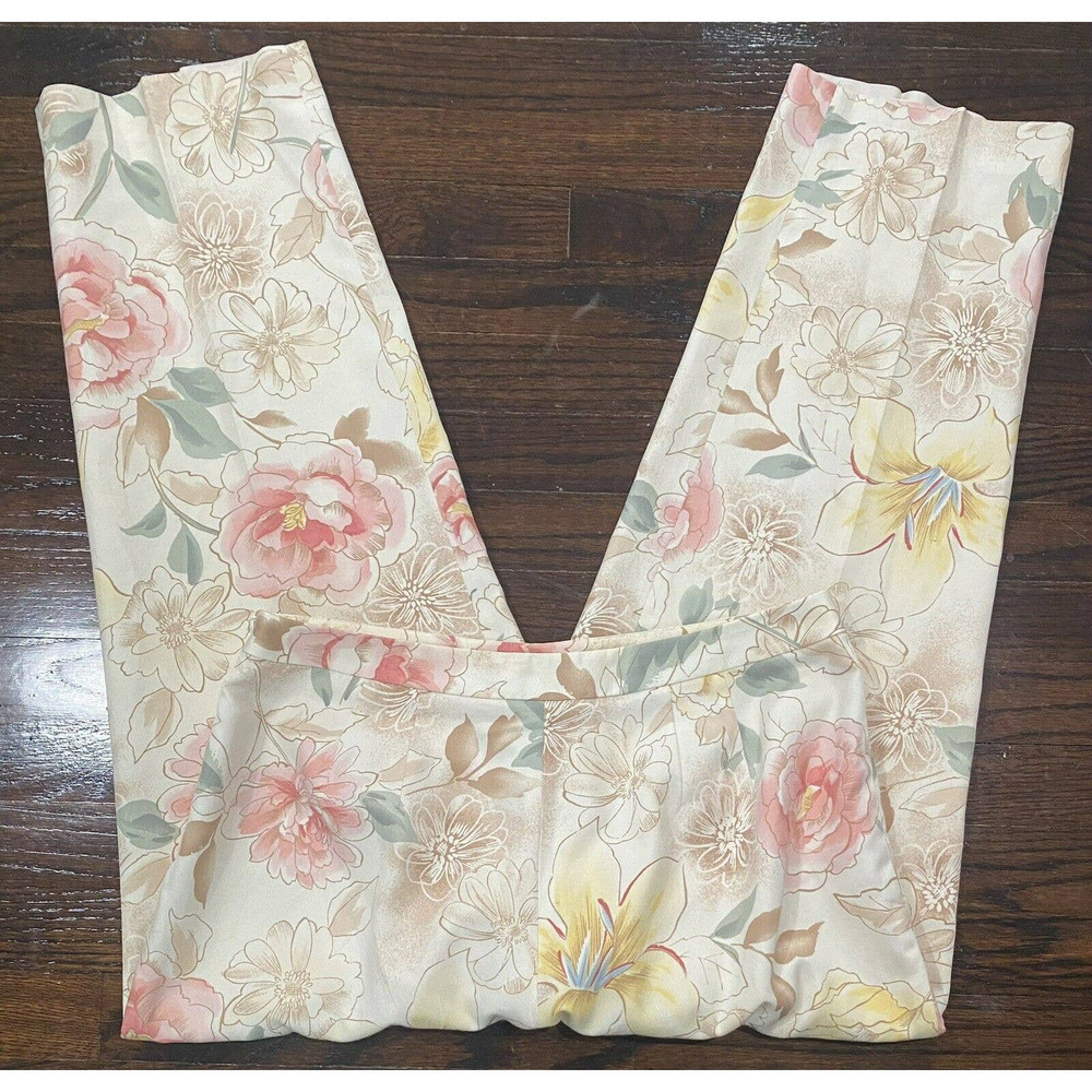 Talbots Petites Silk Blend Pants 14 Tan Pink Yellow Floral Straight Leg Side Zip - Picture 2 of 9